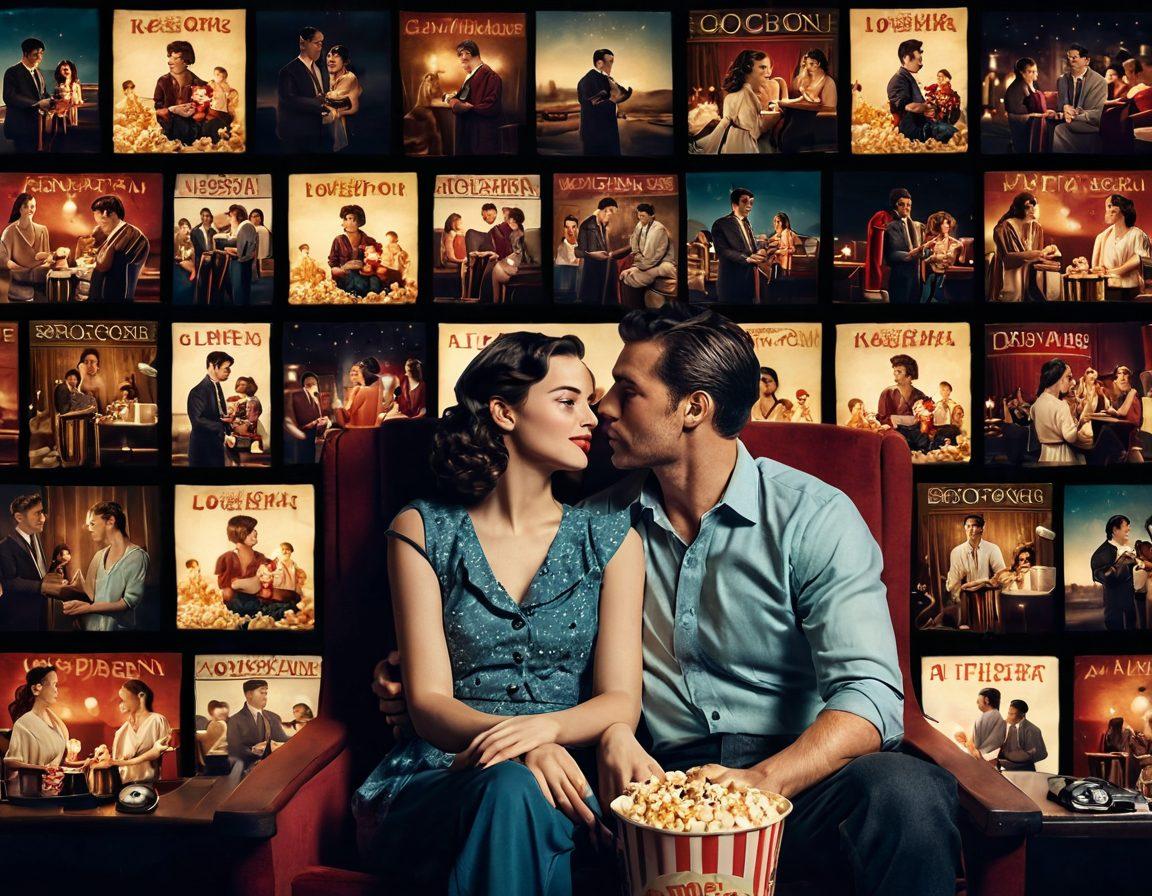 A captivating collage depicting a cinematic scene featuring an emotional couple in a dimly lit theater, surrounded by iconic moments from relationship dramas and family shows on the screen behind them. Include elements like popcorn, film reels, and heart motifs to symbolize love and passion. The atmosphere should feel nostalgic yet vibrant, reflecting the depth of storytelling in cinema. soft focus. cinematic lighting. vintage style.