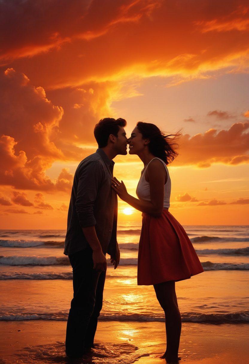 A visually striking collage that features a couple in a heated argument against a teary sunset backdrop, intertwined with scenes of joyful moments like laughter and shared glances. The elements of drama, love, and heartbreak should be depicted through expressive body language and vivid facial emotions. Include symbolic motifs like broken hearts and intertwined hands floating in the background. super-realistic. vibrant colors. emotional depth.